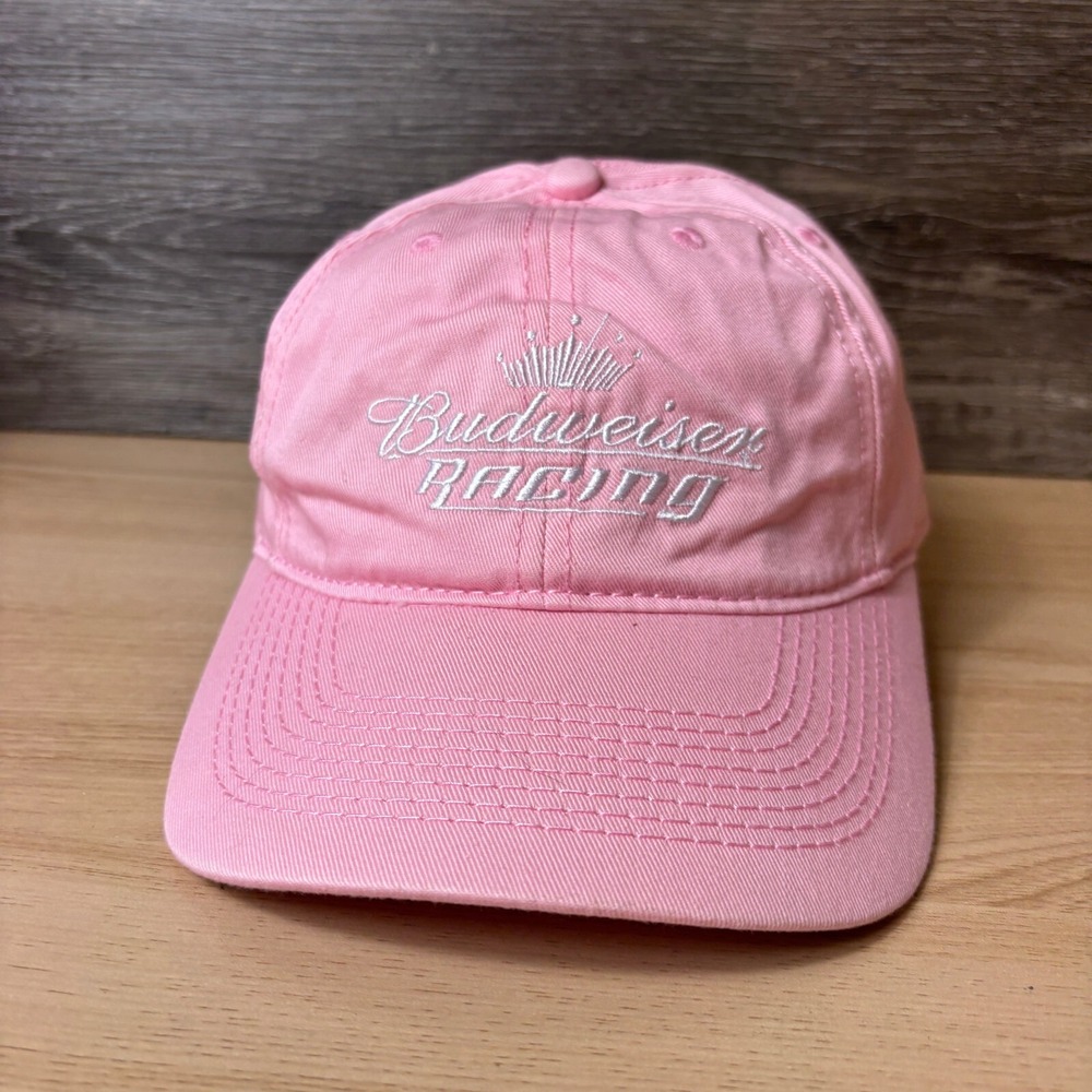 Budweiser Racing Hat Cap Strap Back Womens Pink Beer Brewing Adjustable